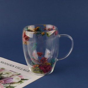 Wholesale double wall flower glass mug heat resistant glass coffee cup