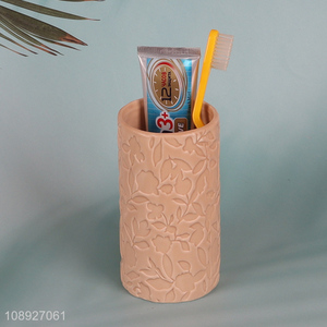 Good quality embossed design ceramic mouthwash cup toothbrush holder