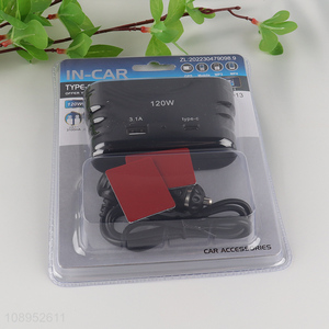 Wholesale 120W 3-Socket Car Cigarette Lighter Adapter with 1 Type-C 1 USB Port