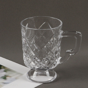 Online Wholesale Clear Glass Water Cup Embossed Glass Coffee Cup with Handle