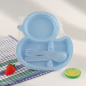 Hot selling duck shape plastic baby dinner plate set with fork and <em>spoon</em> wholesale