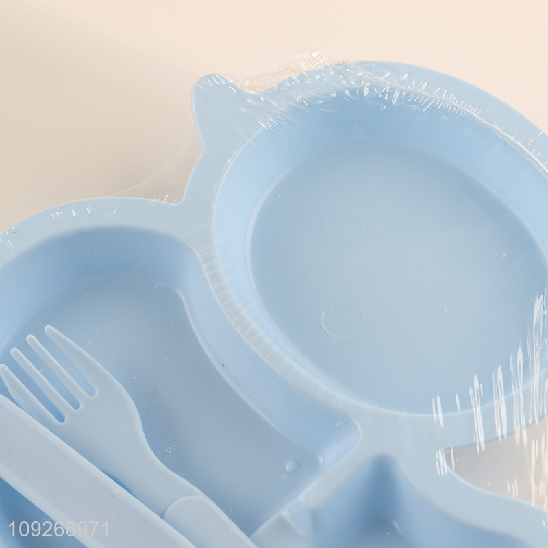 Hot selling duck shape plastic baby dinner plate set with fork and spoon wholesale